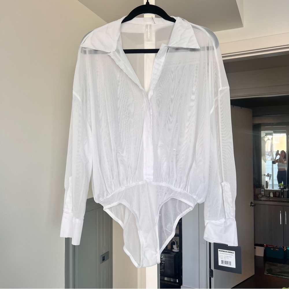 Norma Kamali White Sheer Button-Front Bodysuit Top